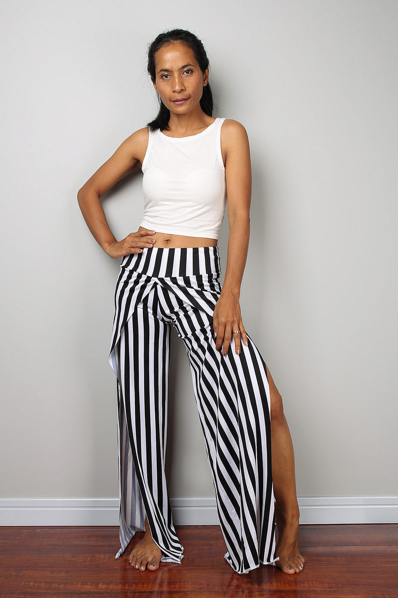 Striped pants / Black and white yoga pants / long black striped pants