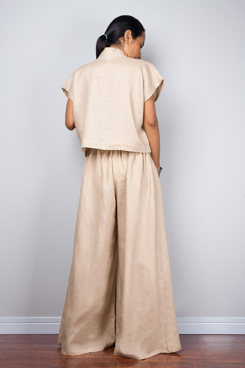 Handmade black linen long wide leg palazzo pants. Black high waist wom –  Nuichan