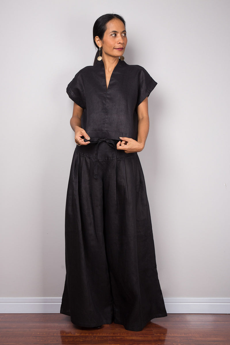 Handmade black linen long wide leg palazzo pants. Black high waist wom