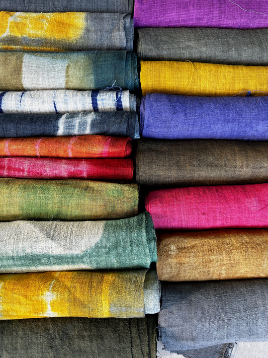 Colourful collection of hand dyed handwoven hemp fabric by Nuichan