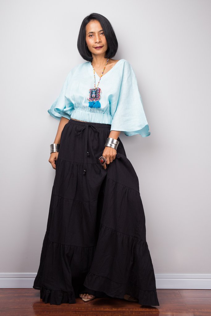 Black cotton skirt, tiered maxi skirt with drawstring