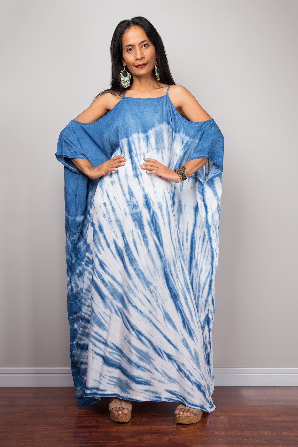 Indigo blue kaftan, shibori tie dye detailed caftan dress