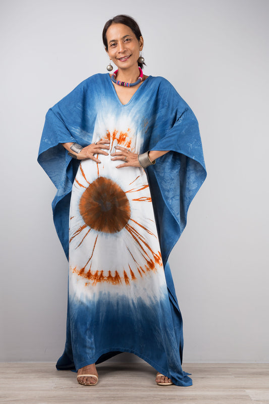 Indigo tie dye kaftan dress by Nuichan. Modern shibori dresses at affordable prices