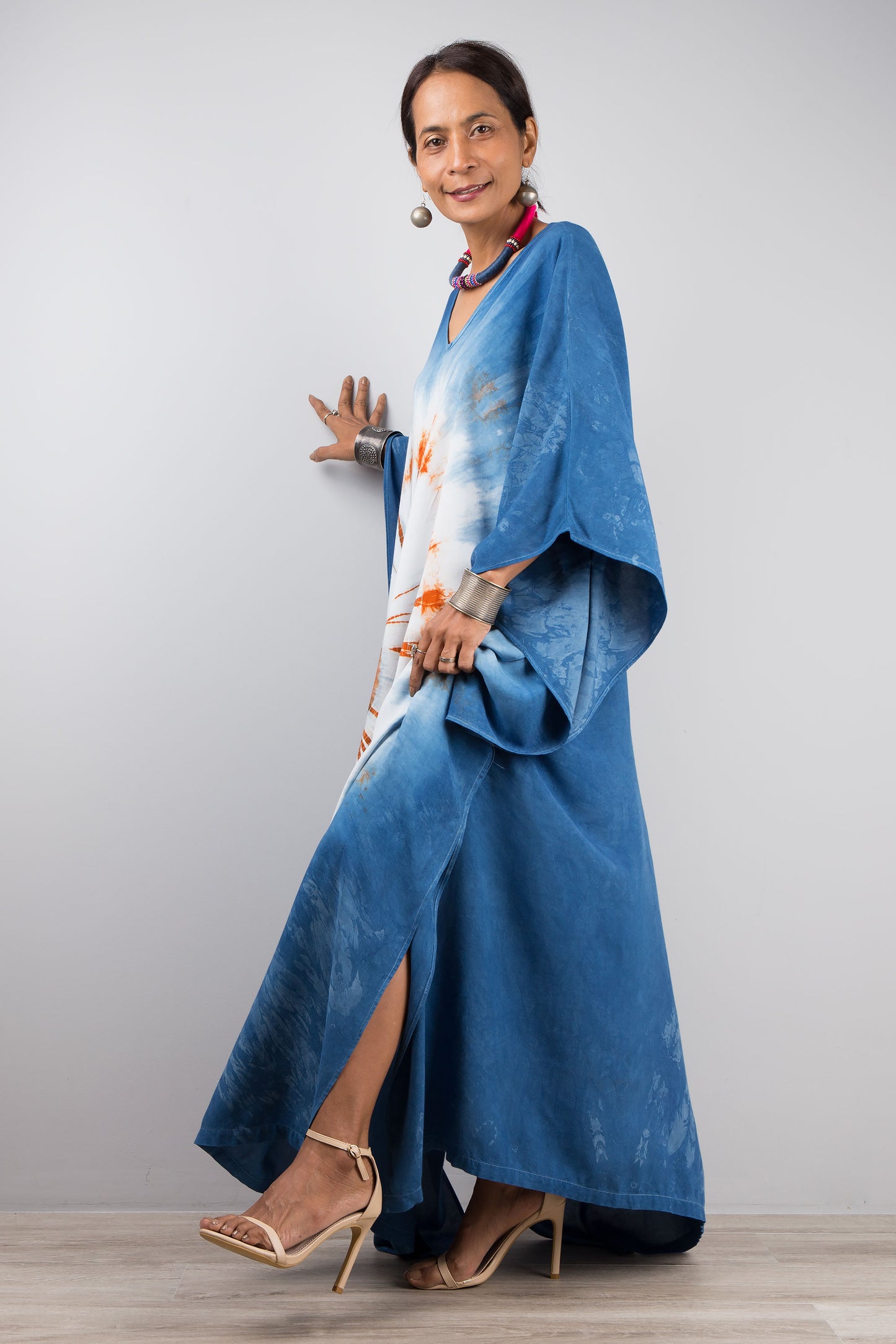 Indigo tie dye kaftan dress by Nuichan. Modern shibori dresses at affordable prices