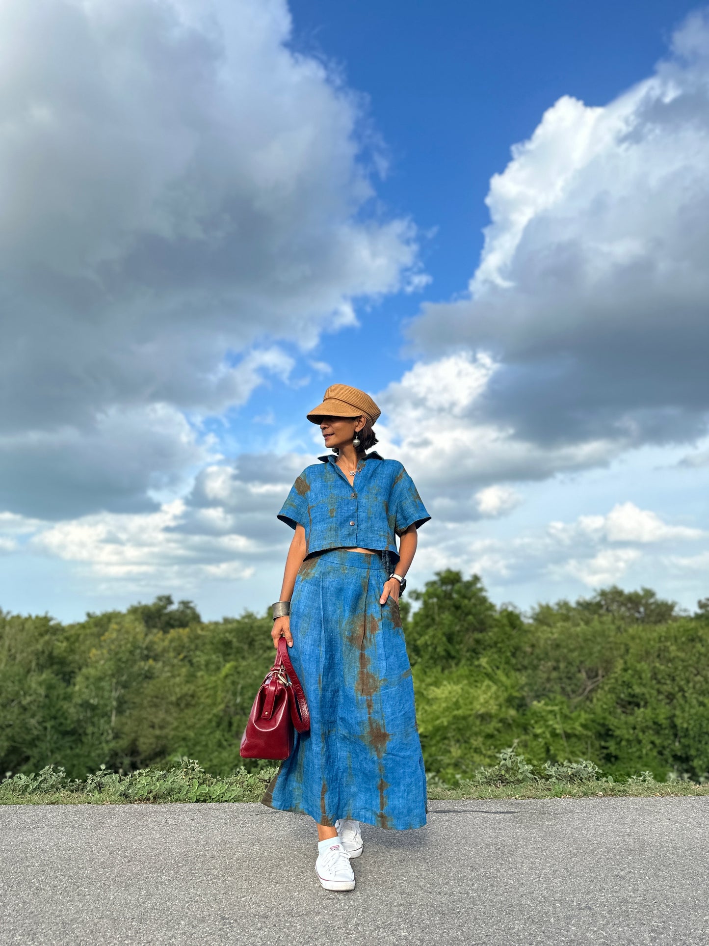 Matching indigo skirt and blouse top