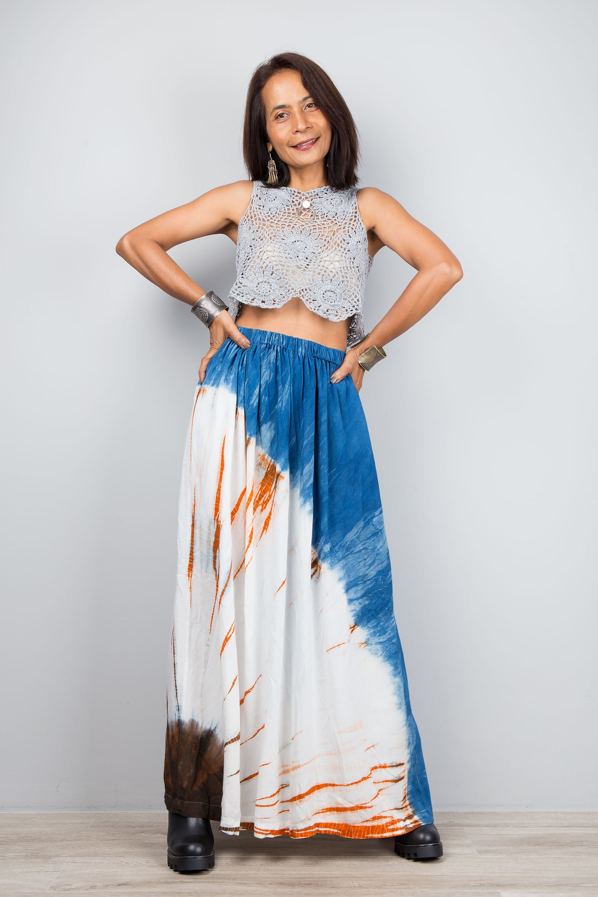 Shibori Tie Dye Maxi Skirt .  Long indigo blue skirt