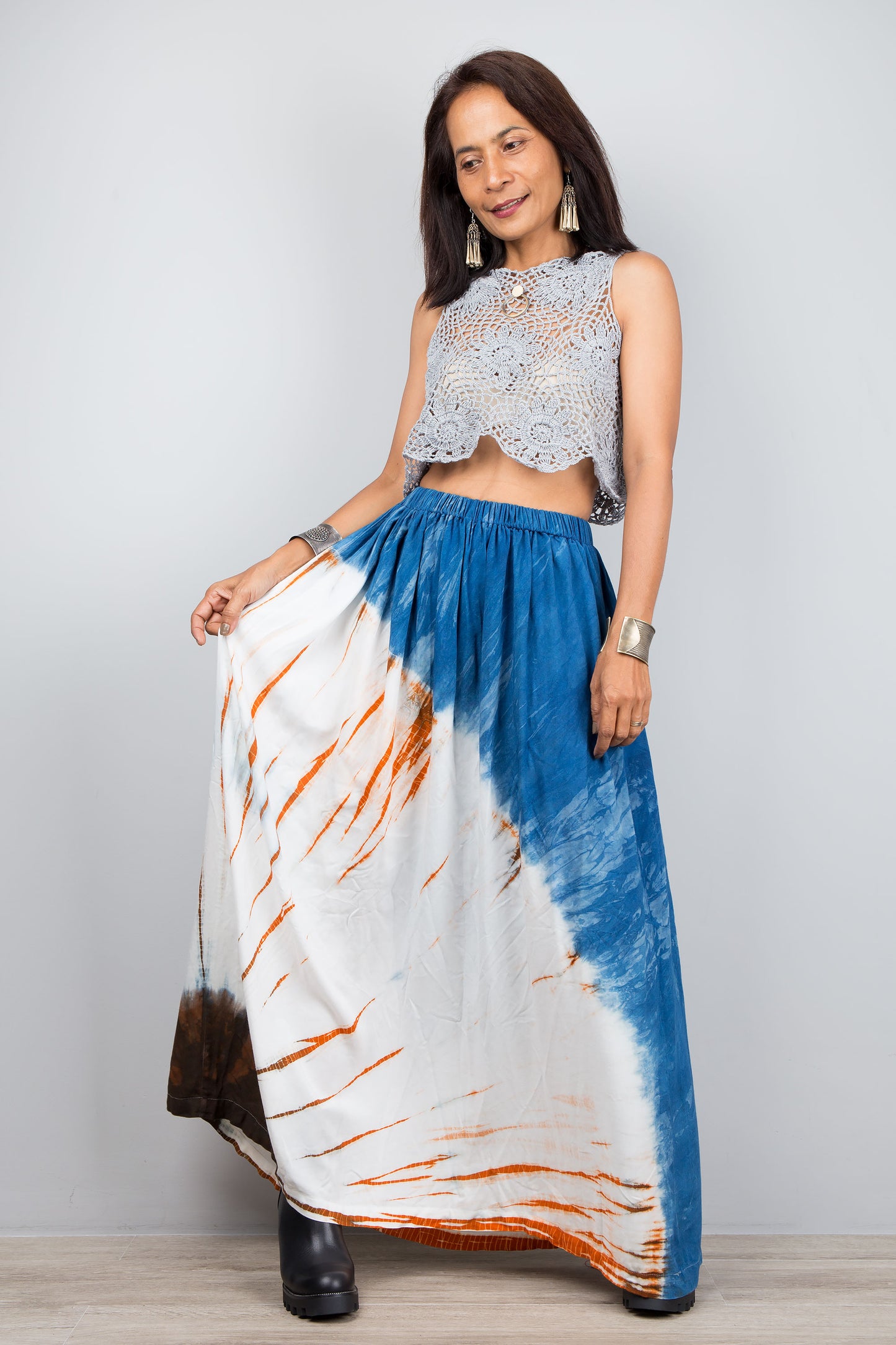 Long blue maxi skirt.  Shibori tie dye skirt with orange details.