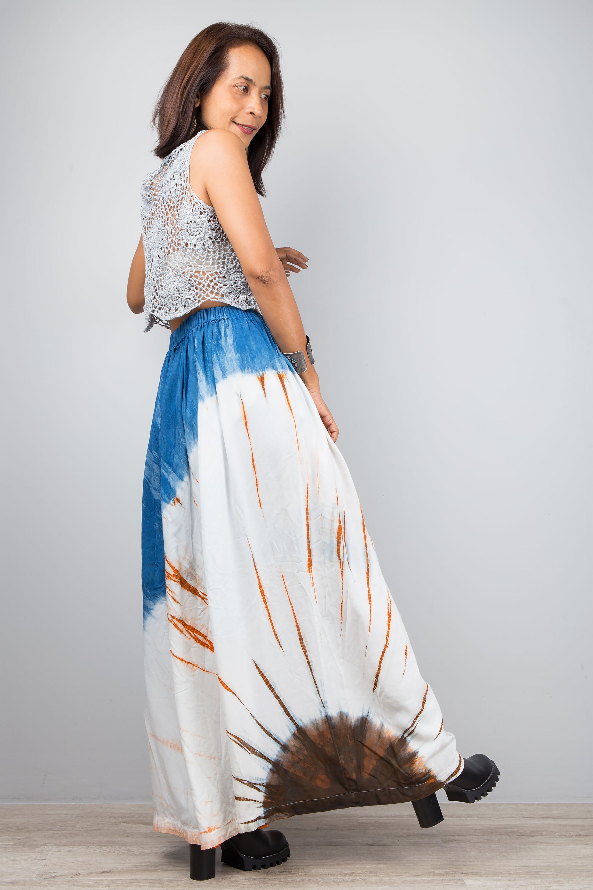 Long blue, tie dye maxi skirt with orange tones