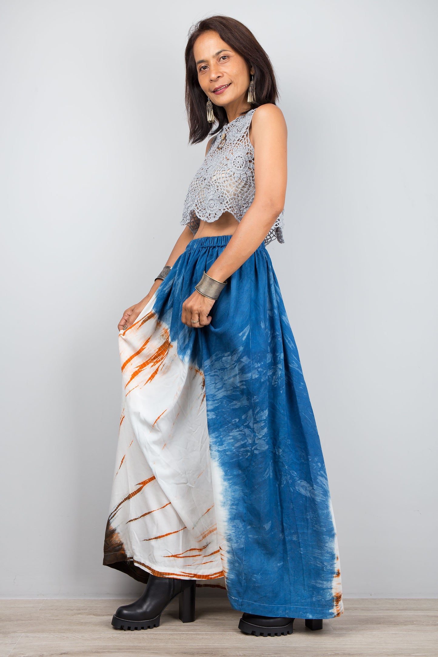 Shibori maxi skirt in blue and orange.  Elastic waist skirt