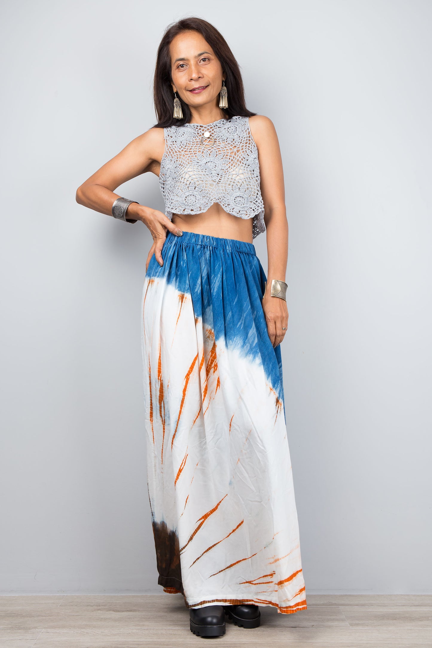 Long blue and orange maxi skirt with elastic waist