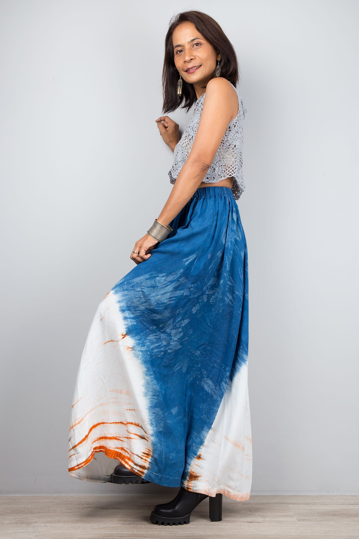 Long blue and orange tie dye maxi skirt