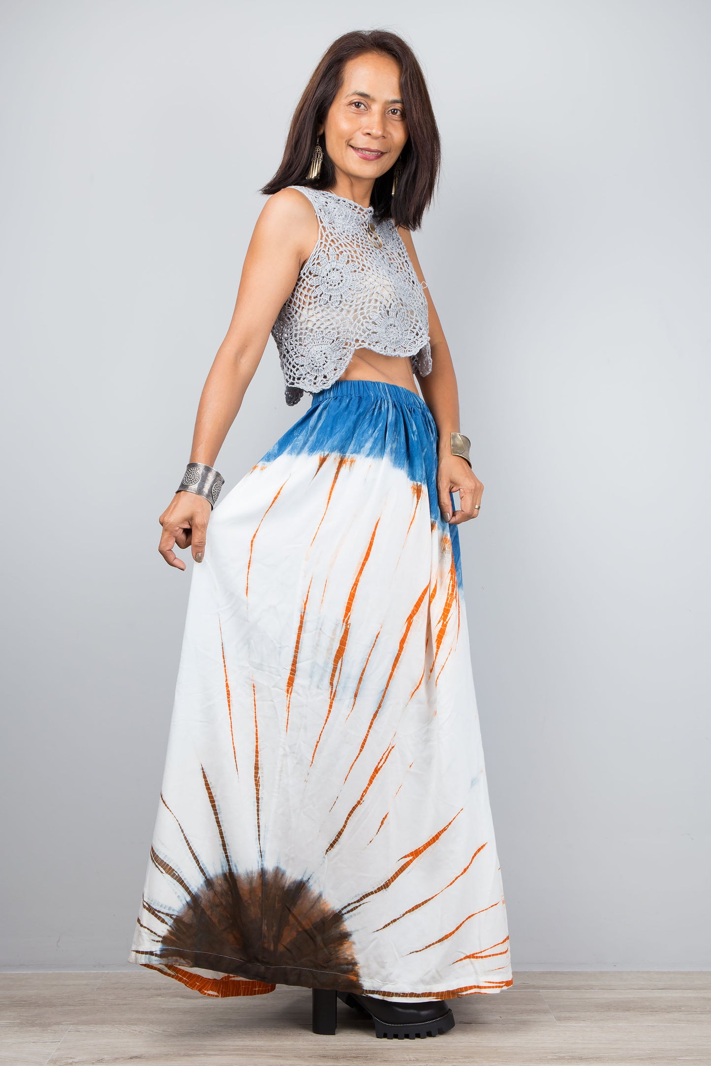 Long blue and orange tie dye maxi skirt with elastic waist