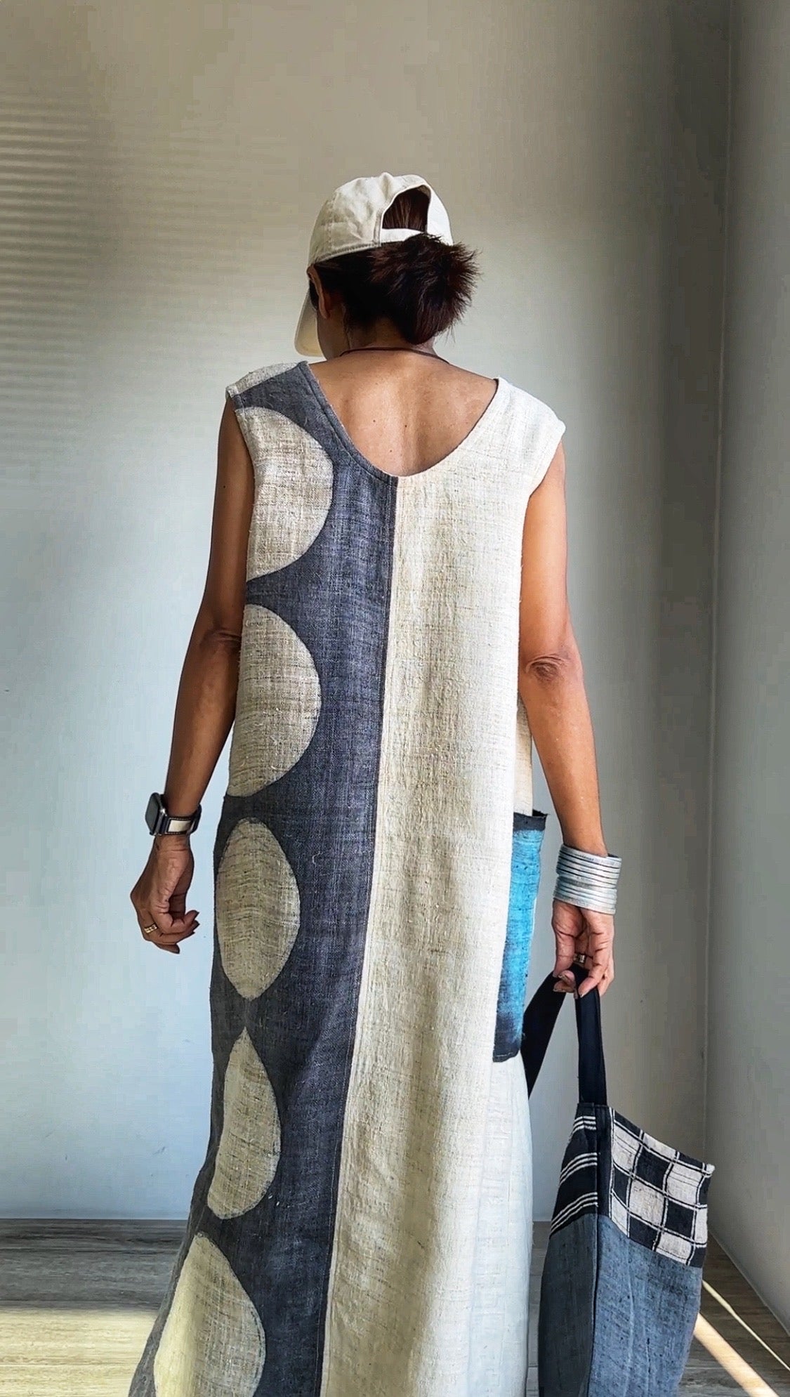 Two tone kaftan dress.  Sleeveless hemp dress with big polka dot print