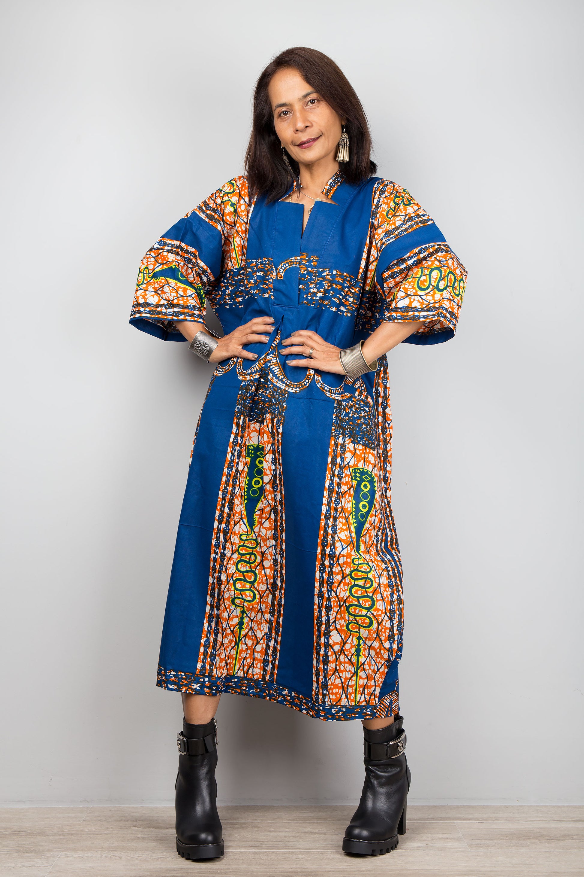 Blue cotton Ankara dress - front view