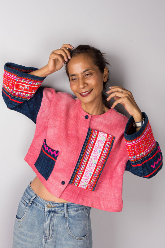 Pink hemp jacket with embroidered sleeve details