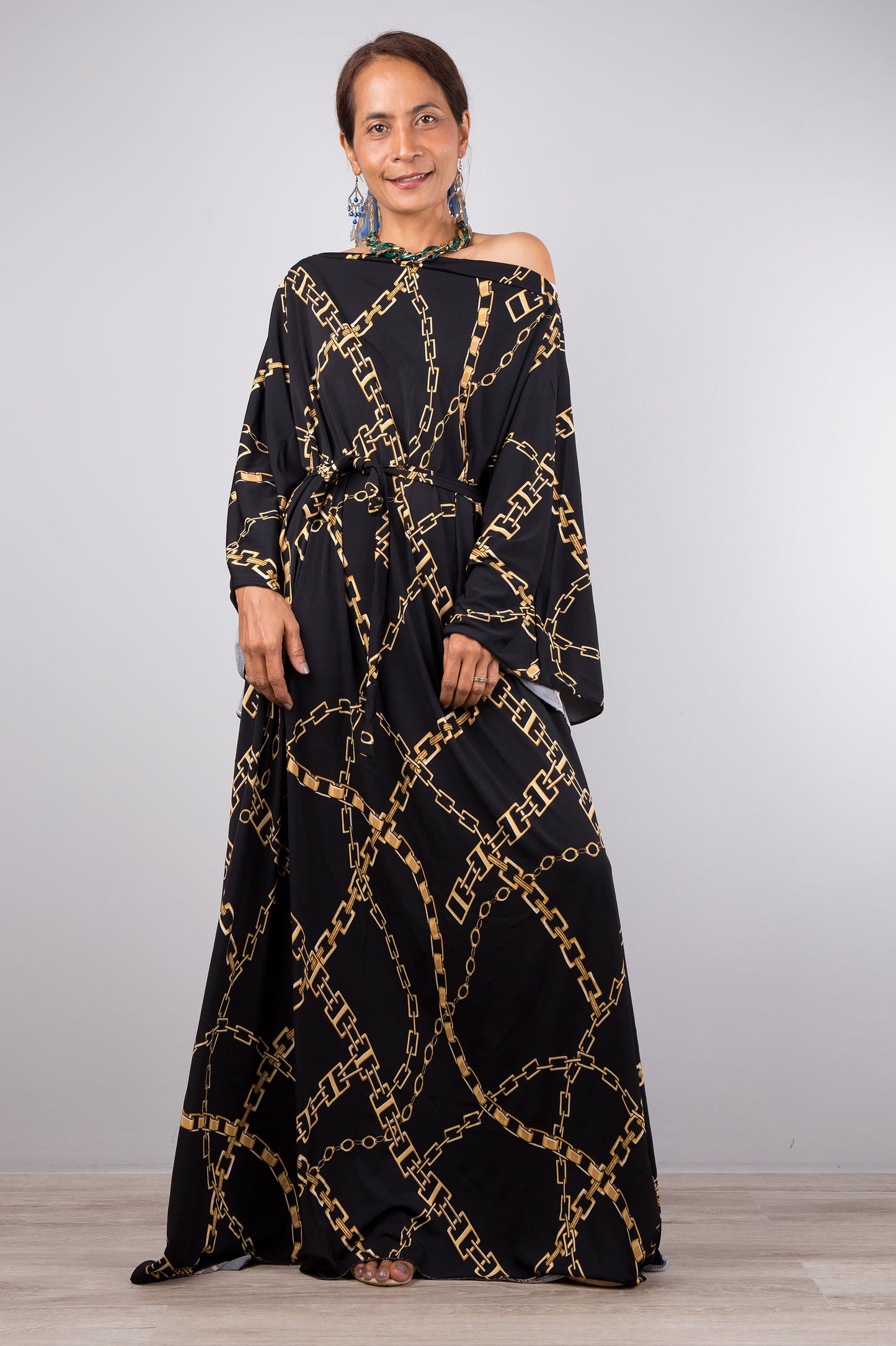 Loose fitting boho kaftan dress with sash