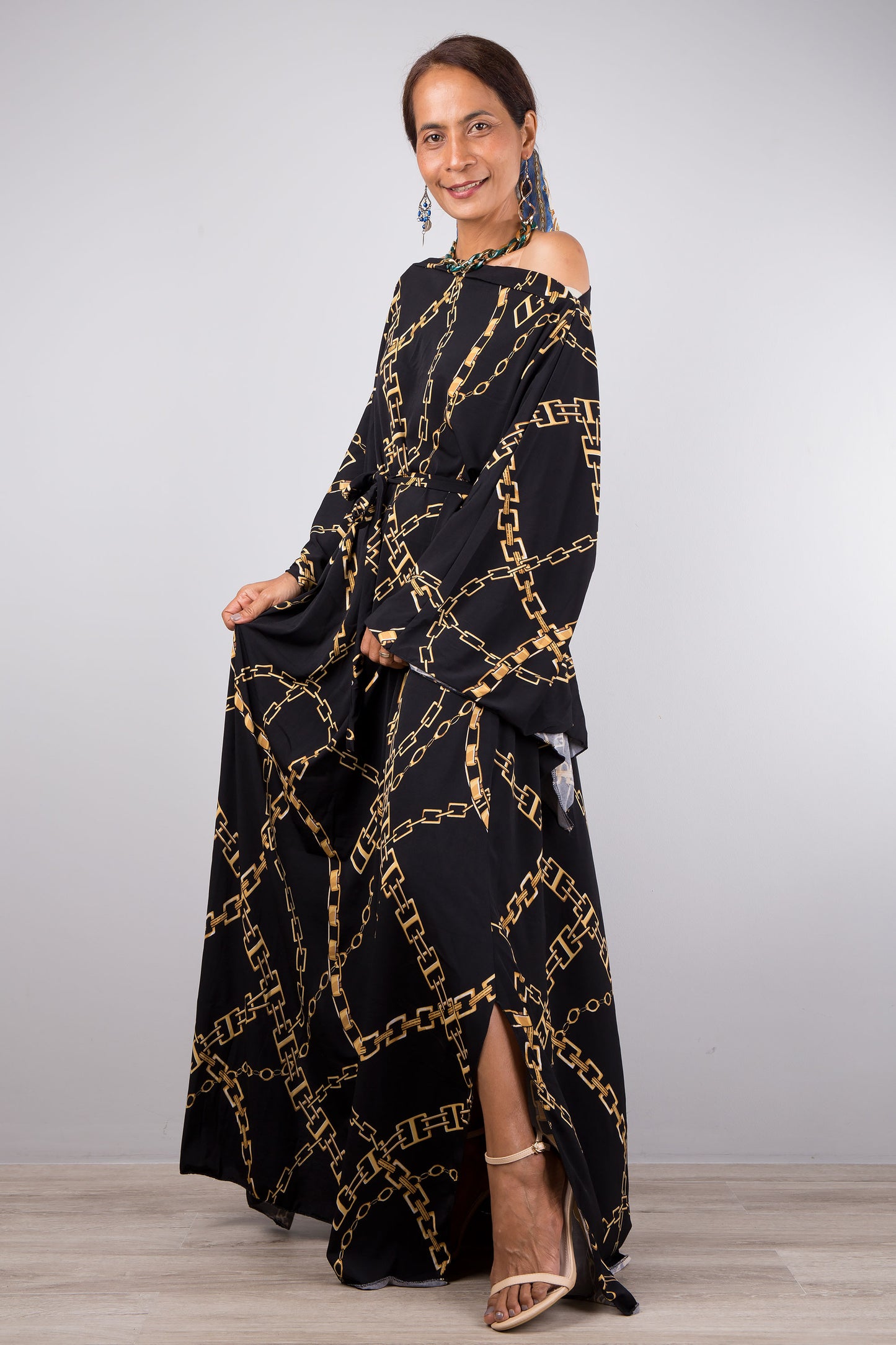 Black boho kaftan dress.  Loose fitting large dress with sash