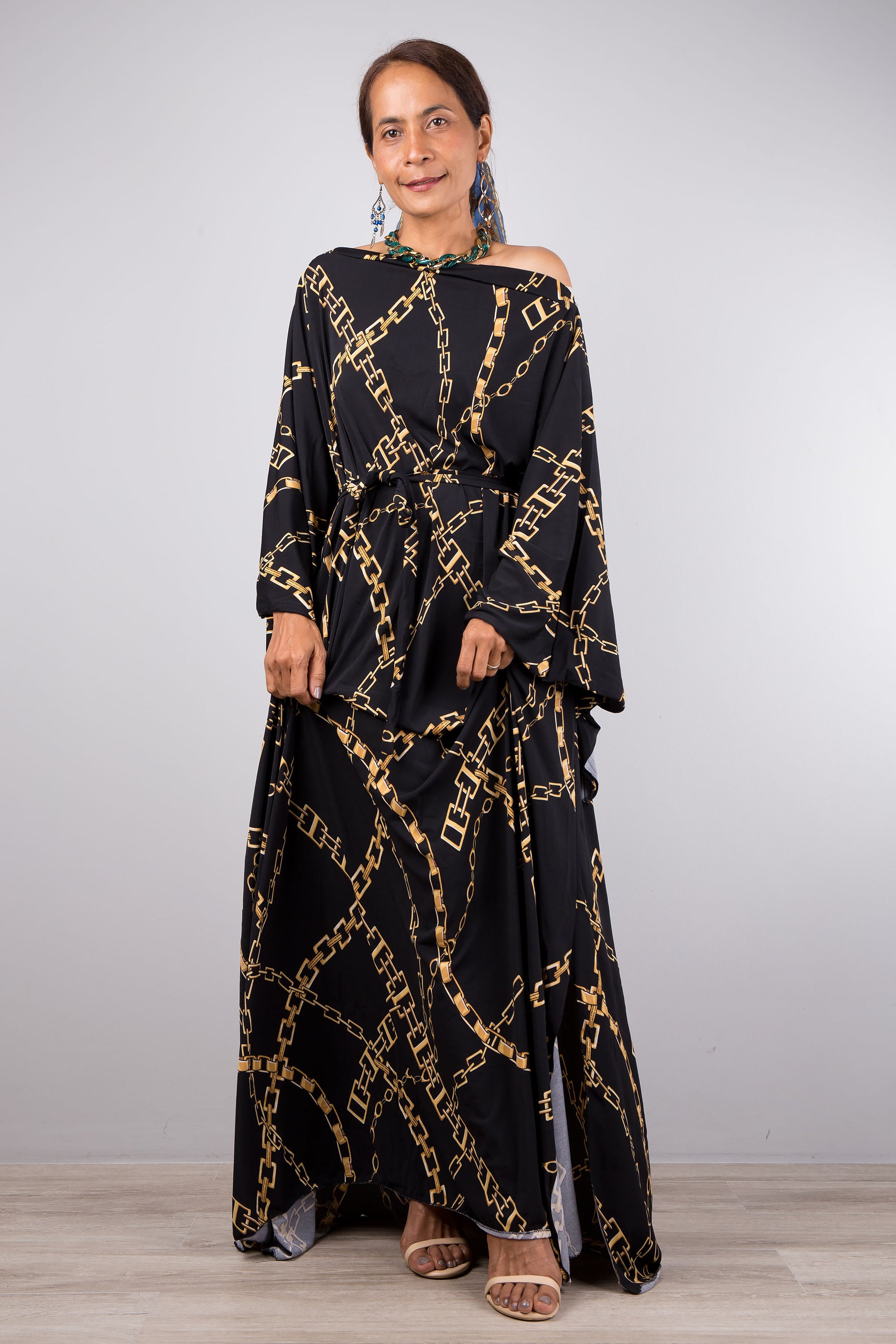 Black kaftan dress with sash, loose fitting boho caftan