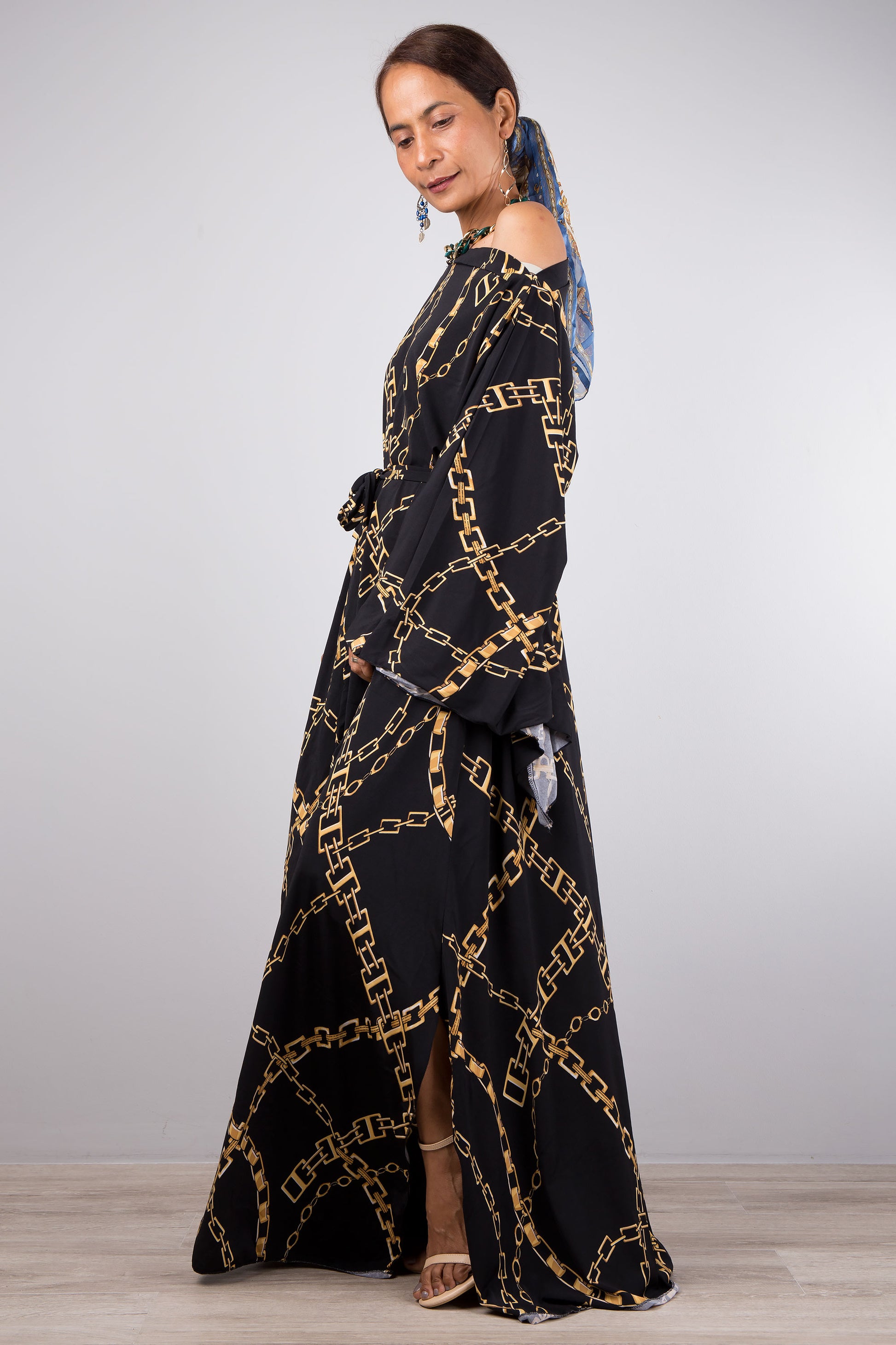 Kaftan dress with sash.  Loose fitting, black boho caftan