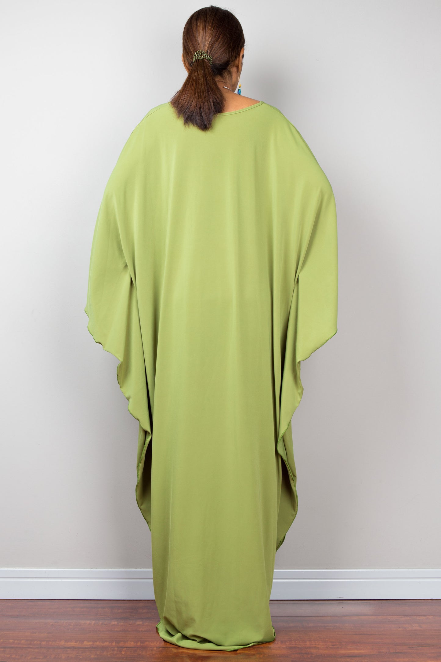 Fern green kaftan dress with plunging neckline - back view