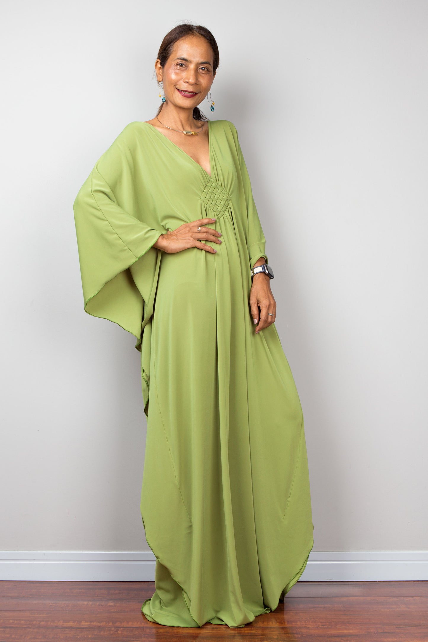 Fern green kaftan dress with plunging neckline and batwing sleeves - side view