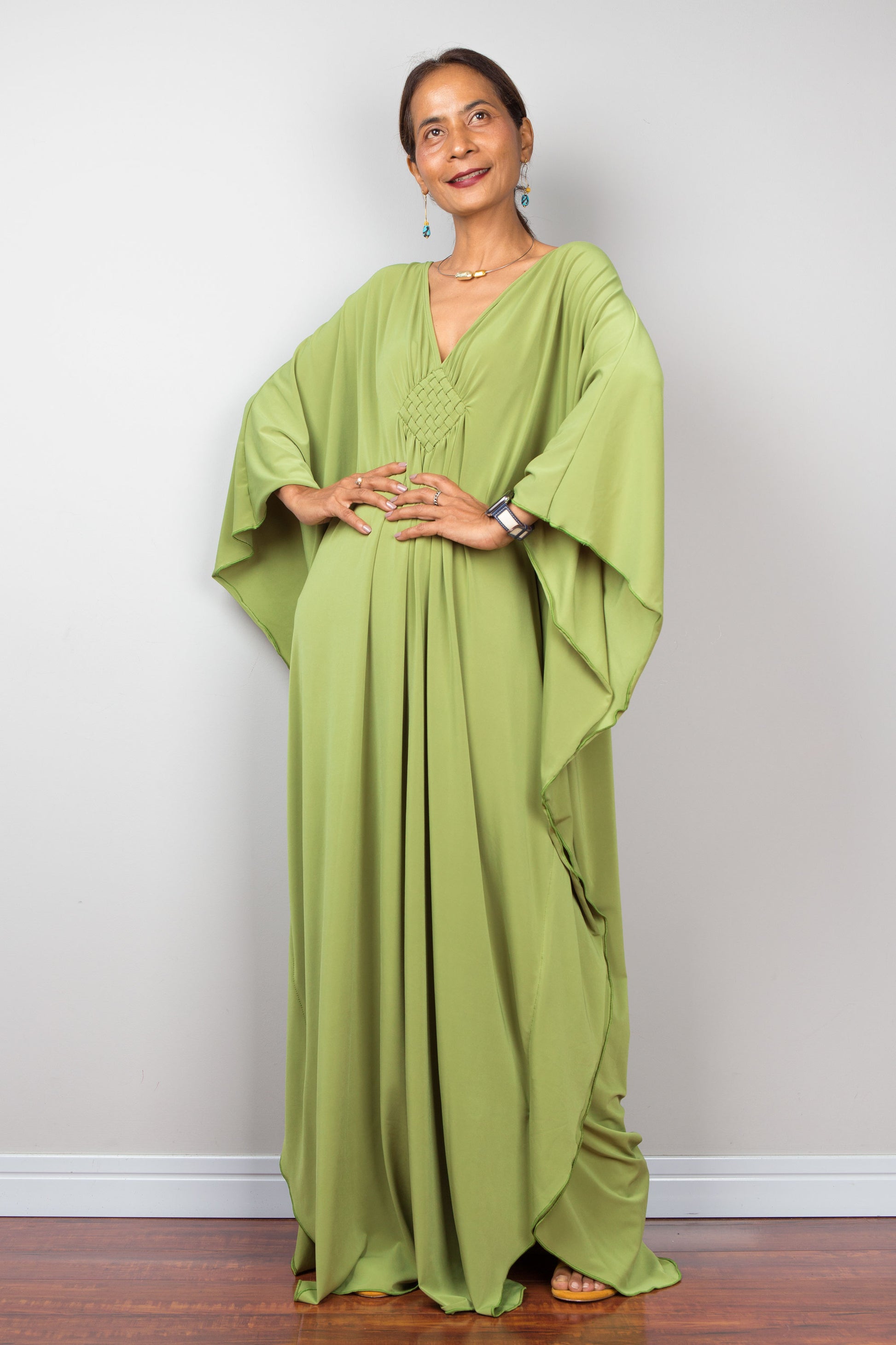 Fern green kaftan dress with plunging neckline - front view