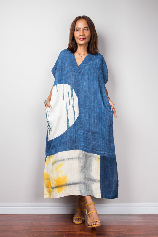 Hemp kaftan dress in indigo blue with shibori detail by Nuichan