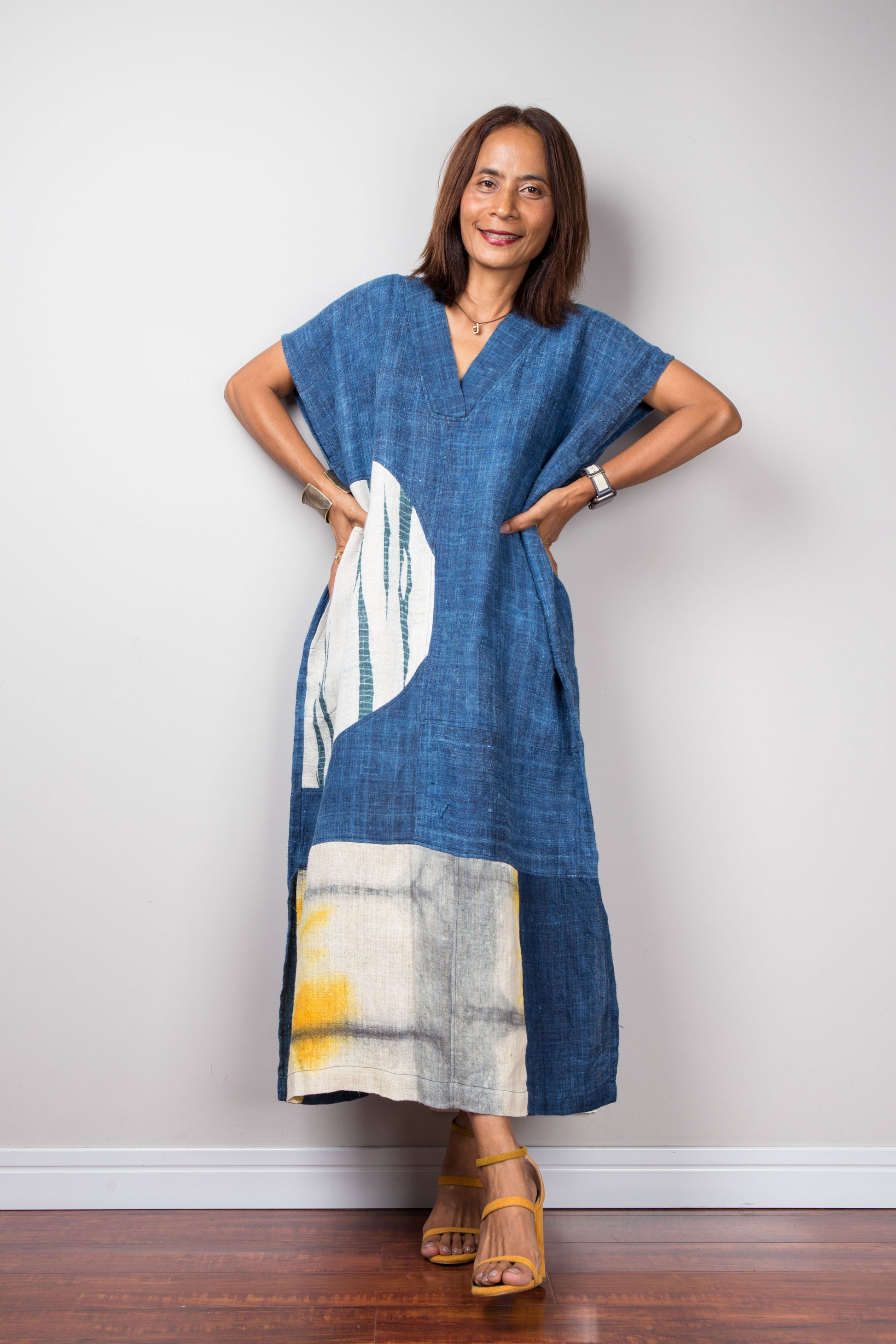 Hemp kaftan by Nuichan, indigo kaftan dress with shibori details