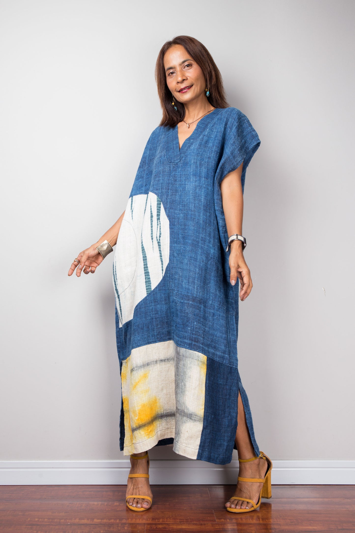 Indigo shibori dress, kaftan style, made from handwoven hemp