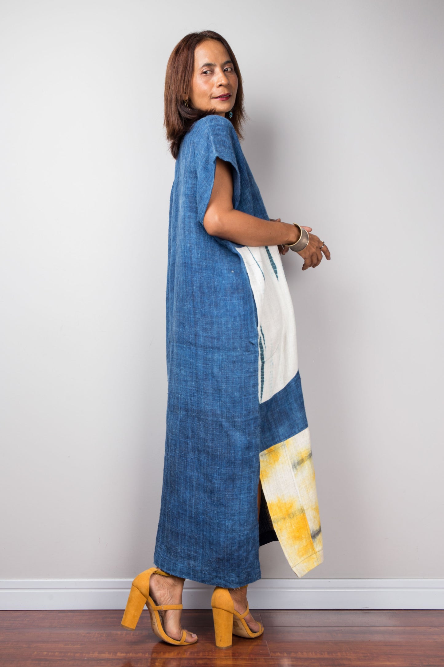 Hemp kaftan dress in indigo.  Back side view