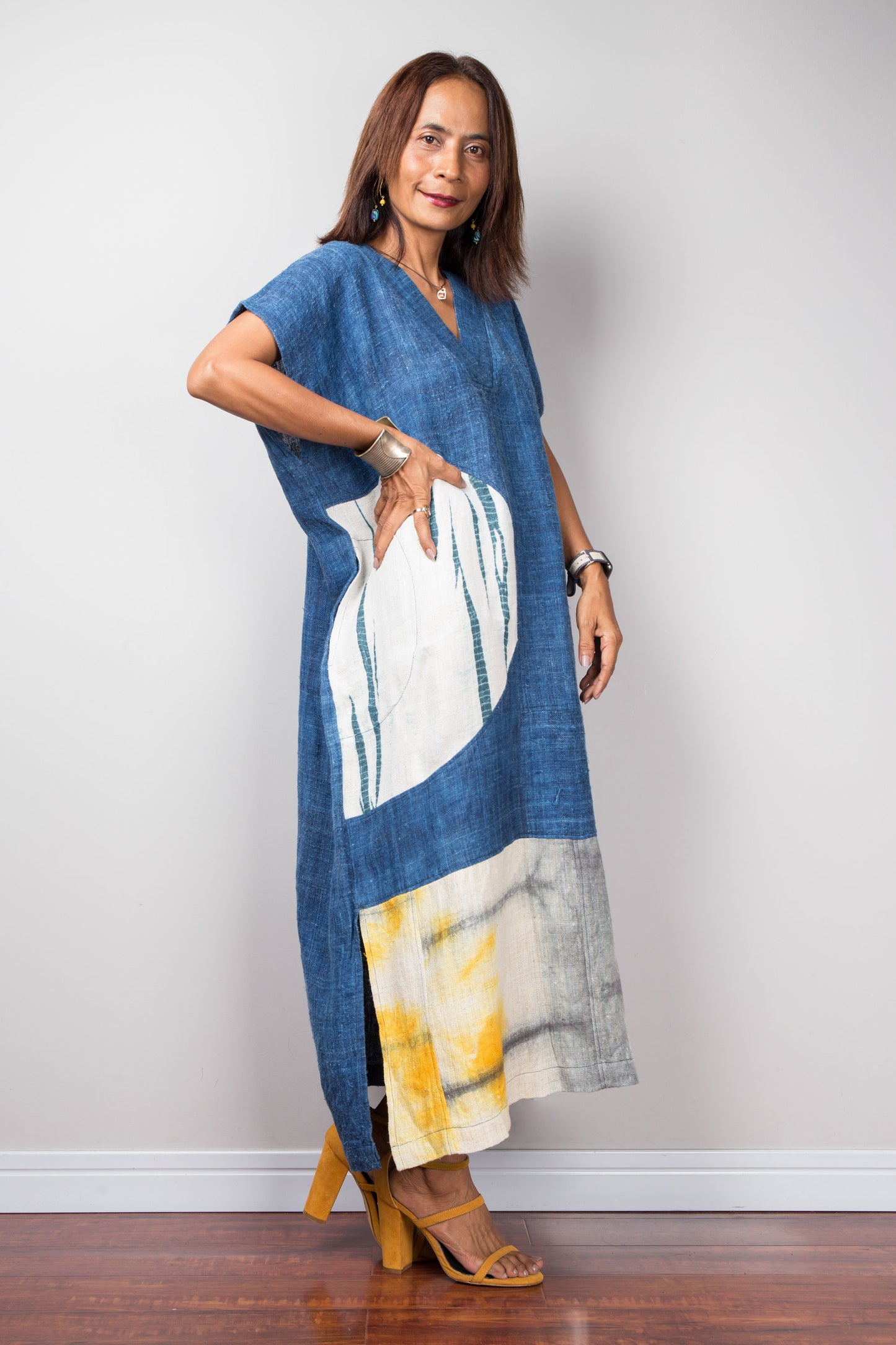 Handwoven hemp kaftan dress by Nuichan, indigo kaftan with shibori details