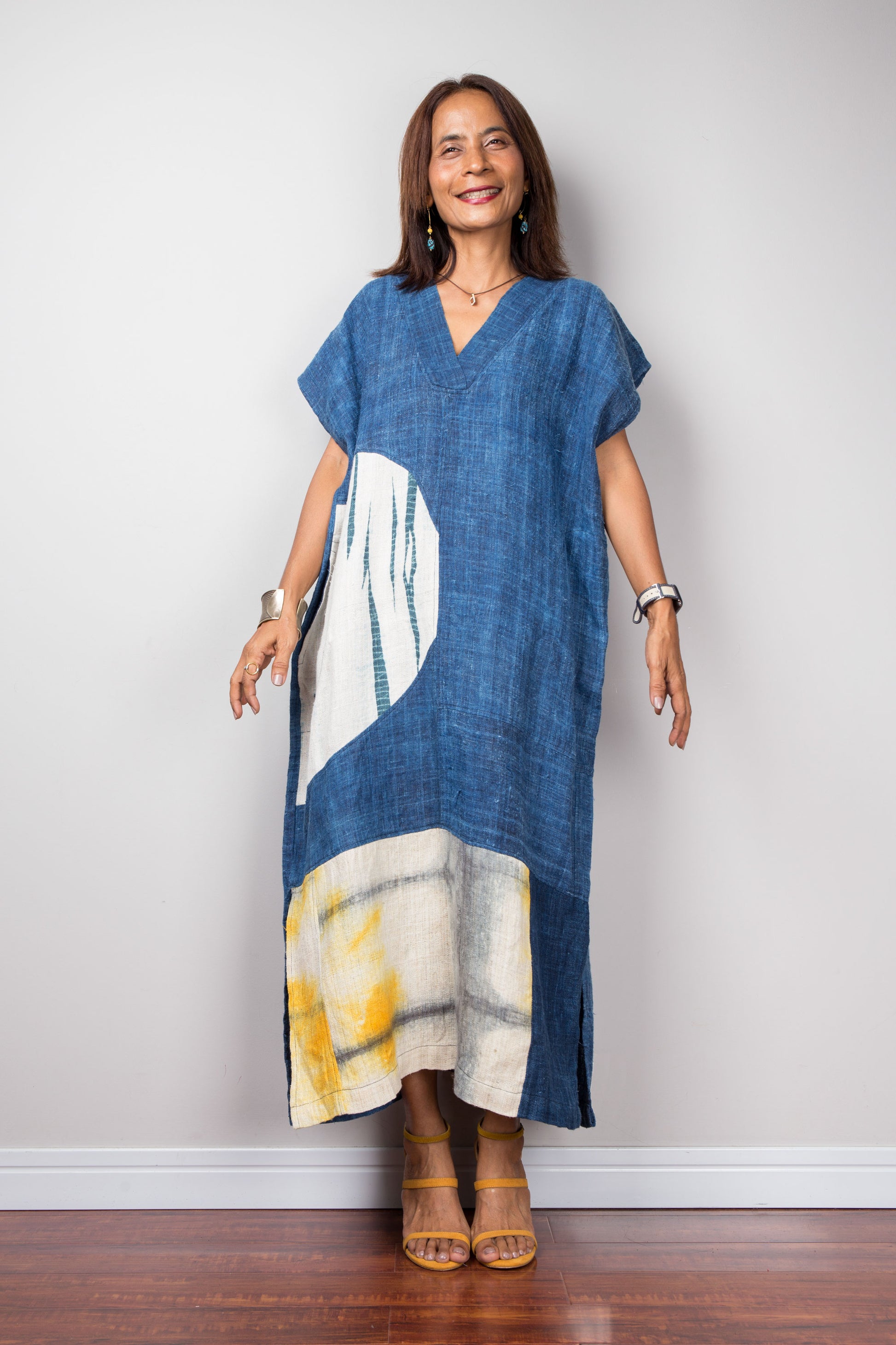 Hemp kaftan dress, indigo blue, shibori details, front view