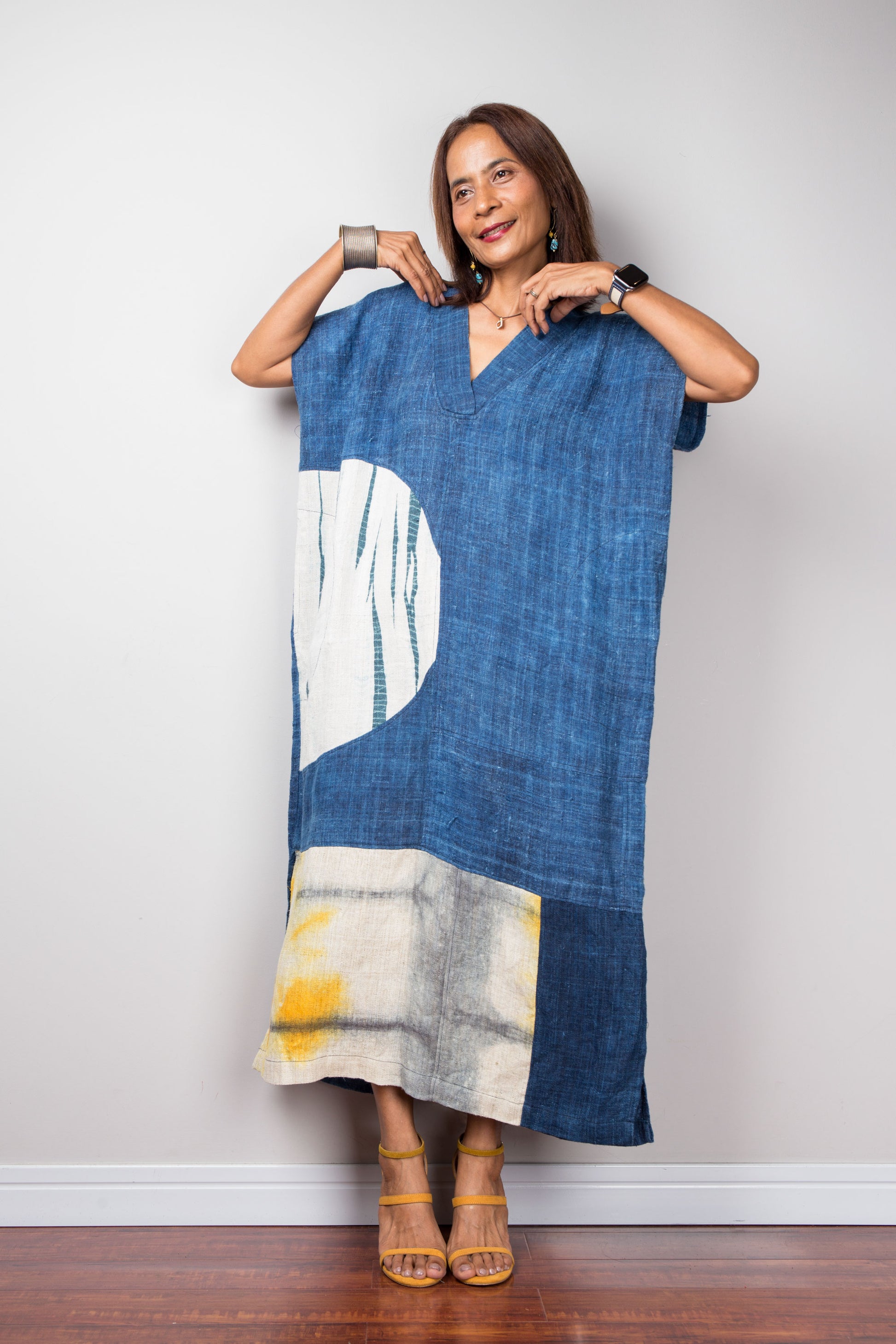 Blue hemp kaftan dress with shibori details