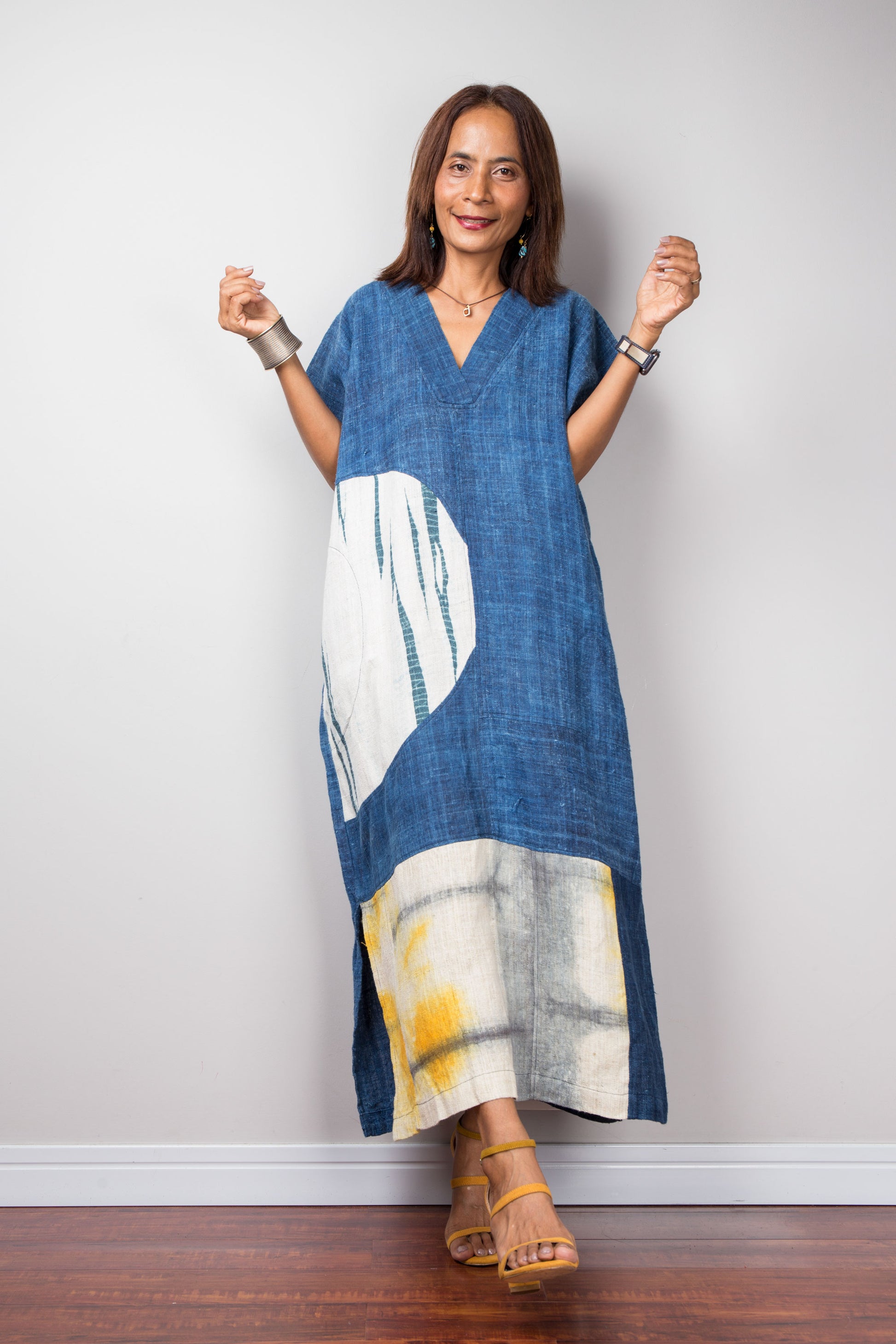 Hemp caftan dress, indigo blue, shibori tie dye details by Nuichan