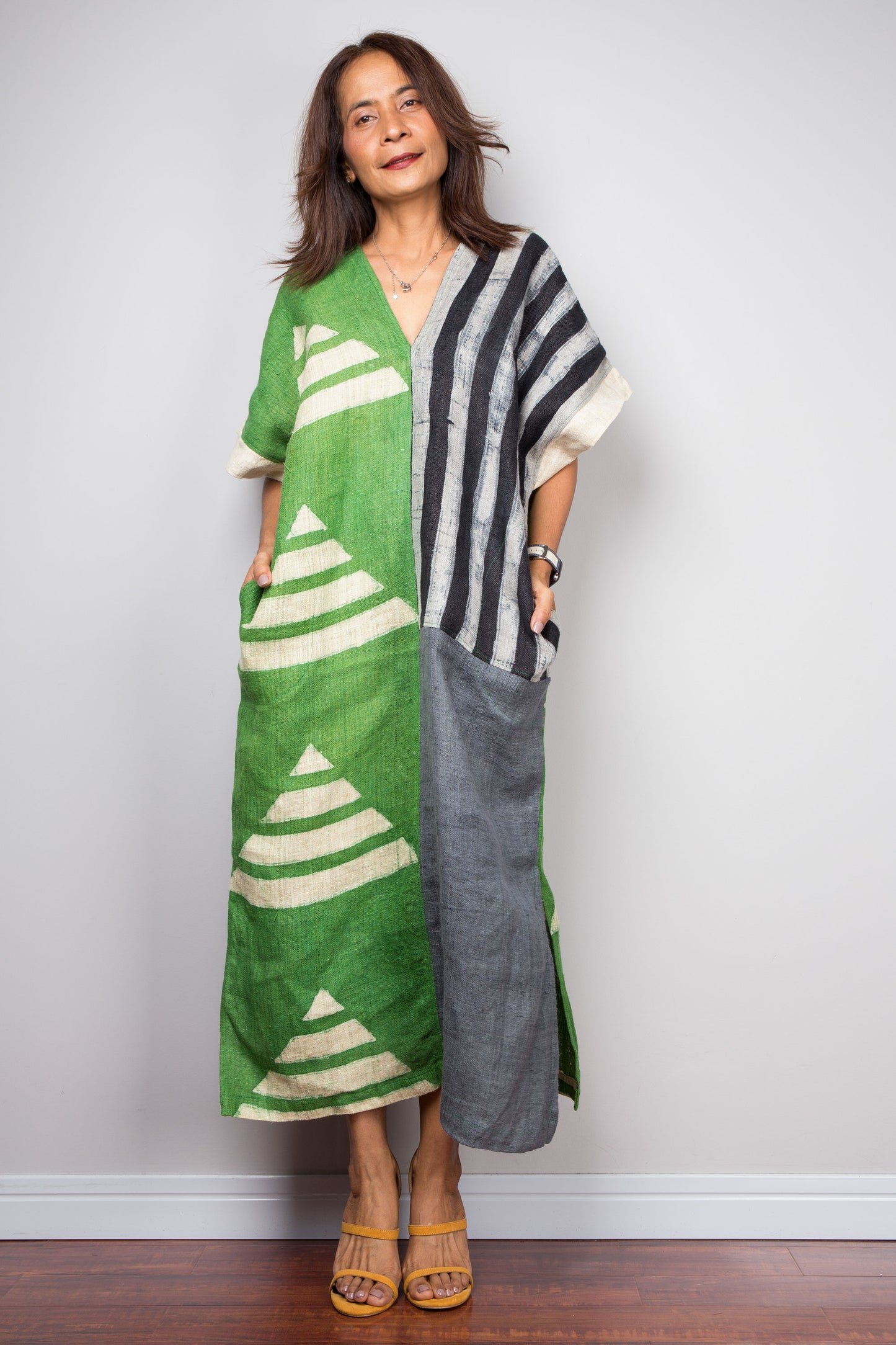 Two tone kaftan dress in grey and green. Caftan style with subtle v neck and pockets on both sides