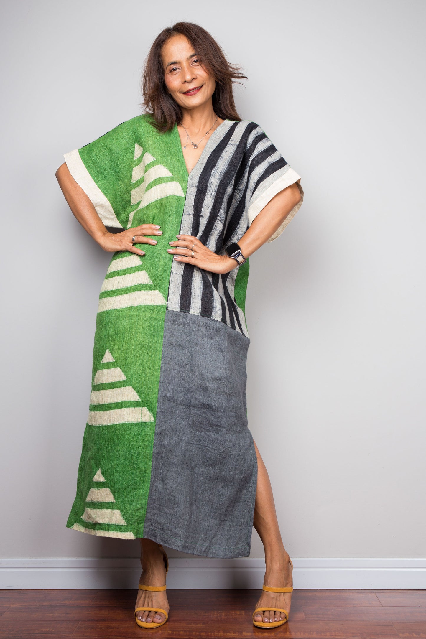 Two tone kaftan dress in grey and green. Caftan style with subtle v neck and splits on both sides