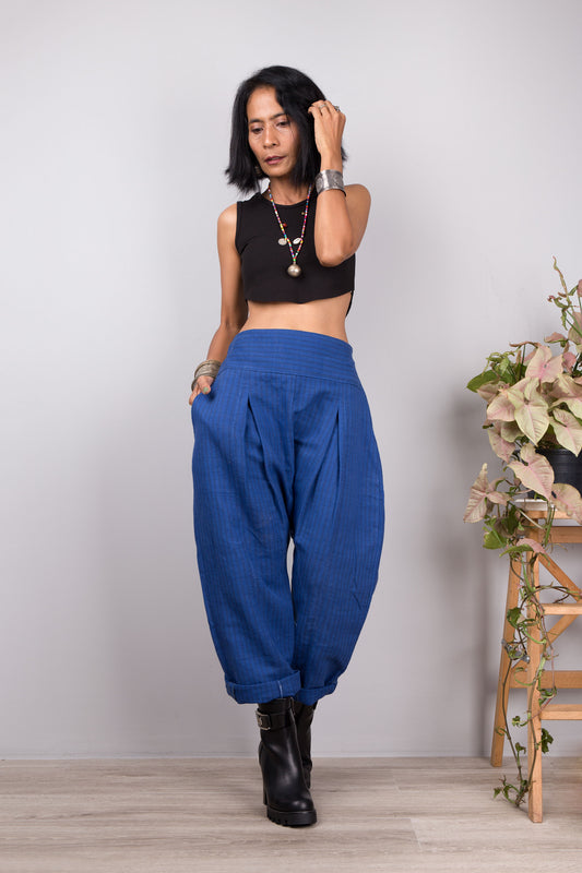 Blue striped hemp pants by Nuichan. Blue harem pants with pockets