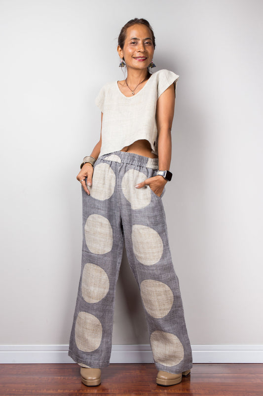 Hemp trousers with polka dot pattern.  High waist pants with elastic and inseam pockets.  Hemp pants by Nuichan