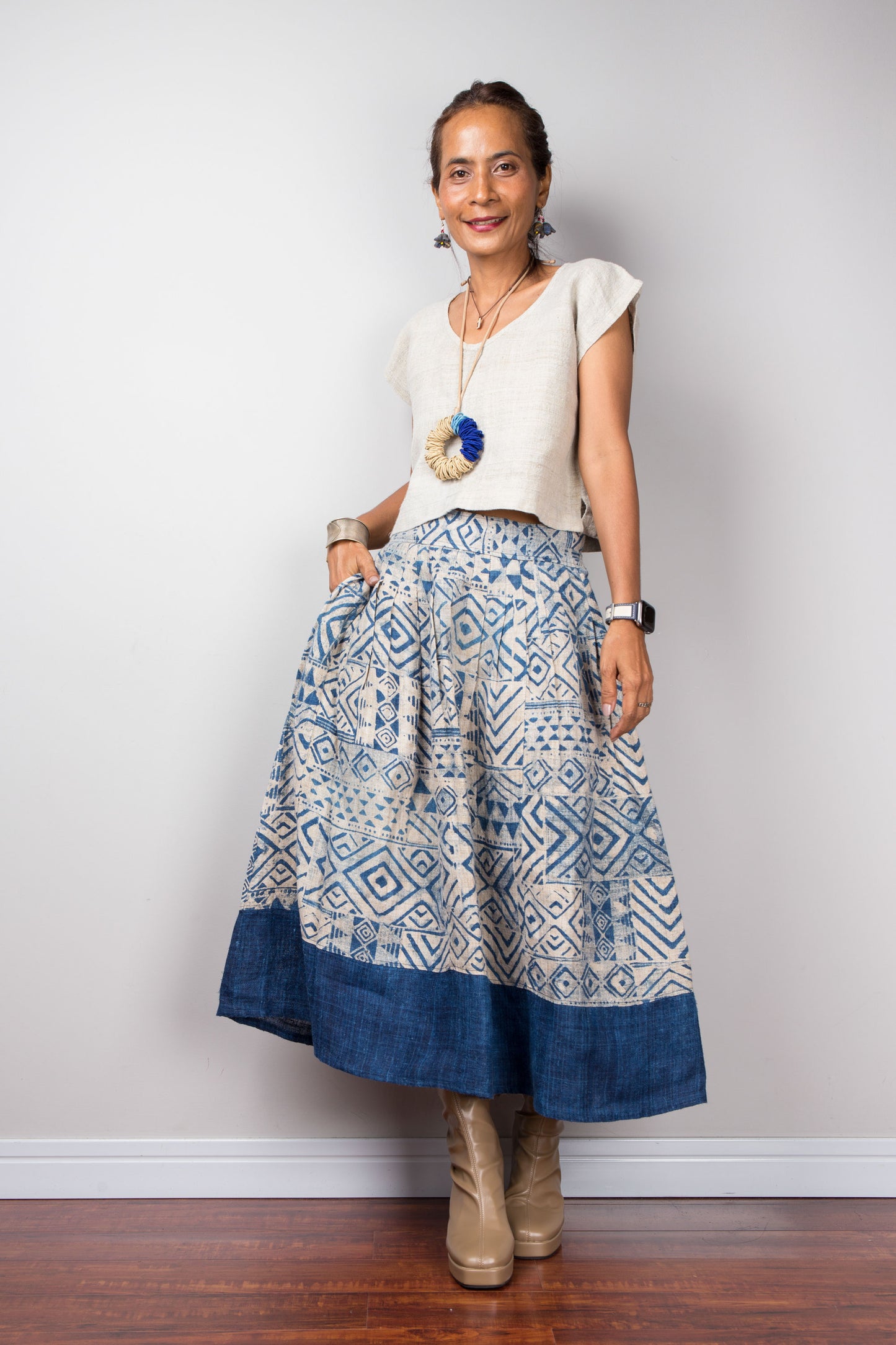 High waist hemp skirt with intricate indigo-dyed tribal patterns.