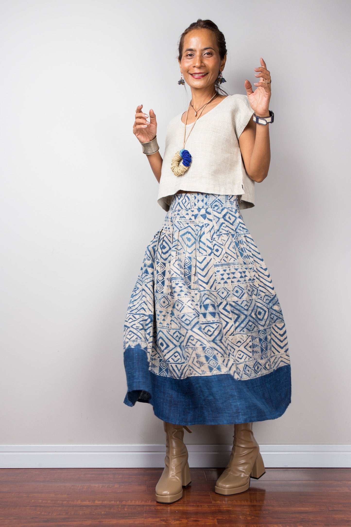 Handcrafted high waist skirt made from natural hemp, adorned with blue indigo patterns.