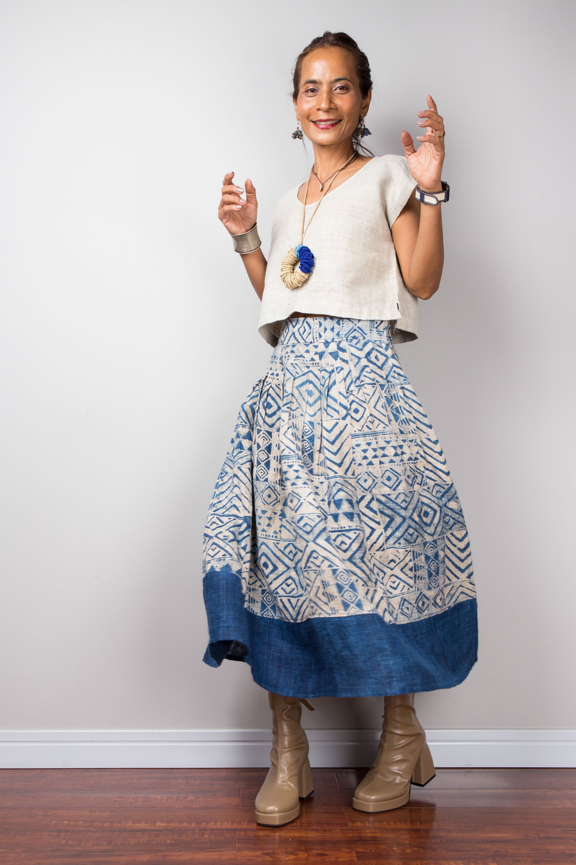 Handcrafted high waist skirt made from natural hemp, adorned with blue indigo patterns.