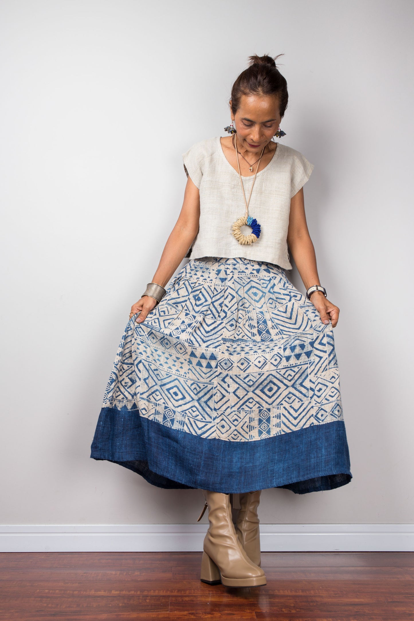 Durable high waist skirt made from organic hemp, featuring intricate hill tribe designs.