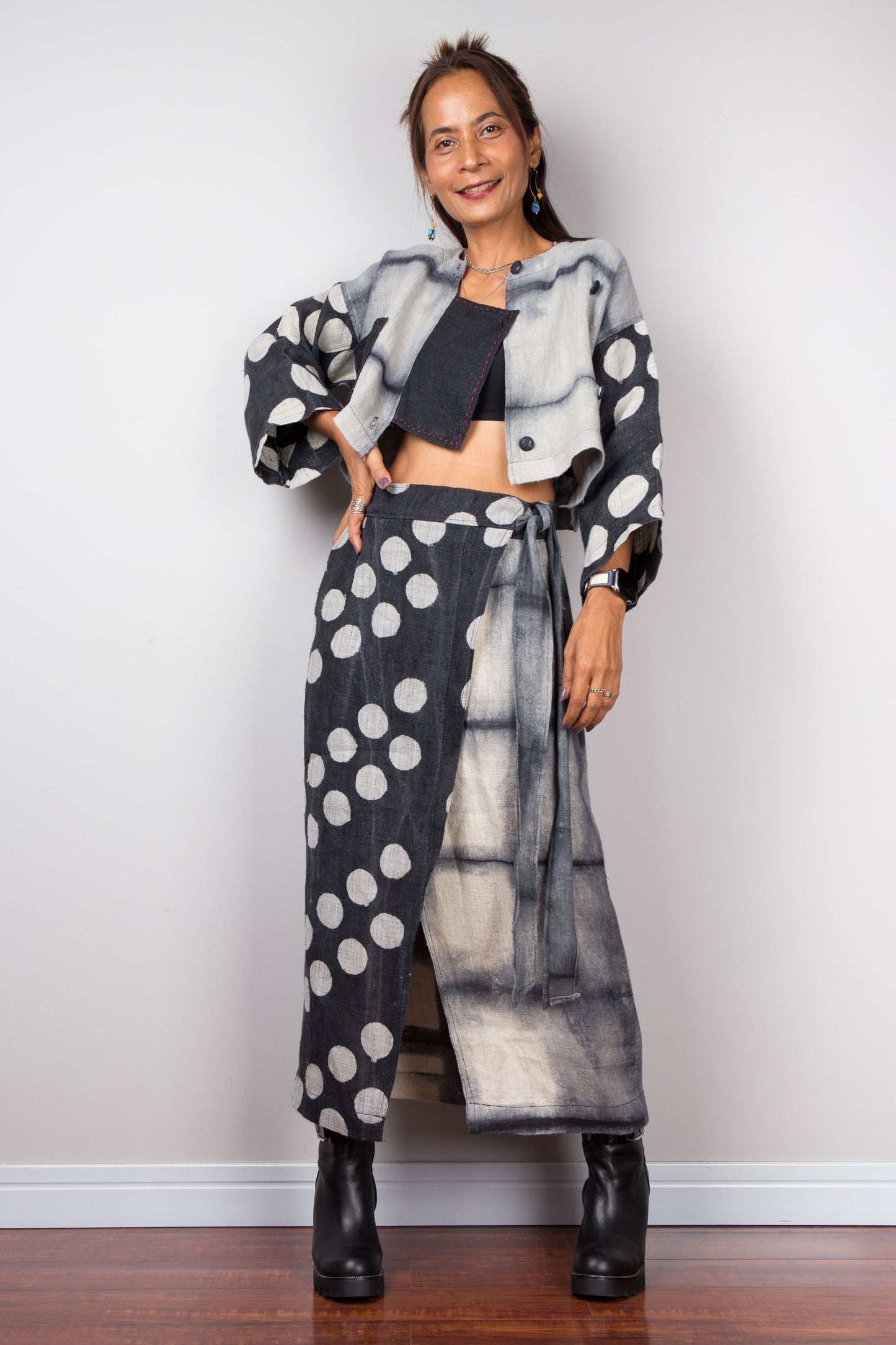 Hemp skirt with matching crop jacket.  Polka dot matching outfit