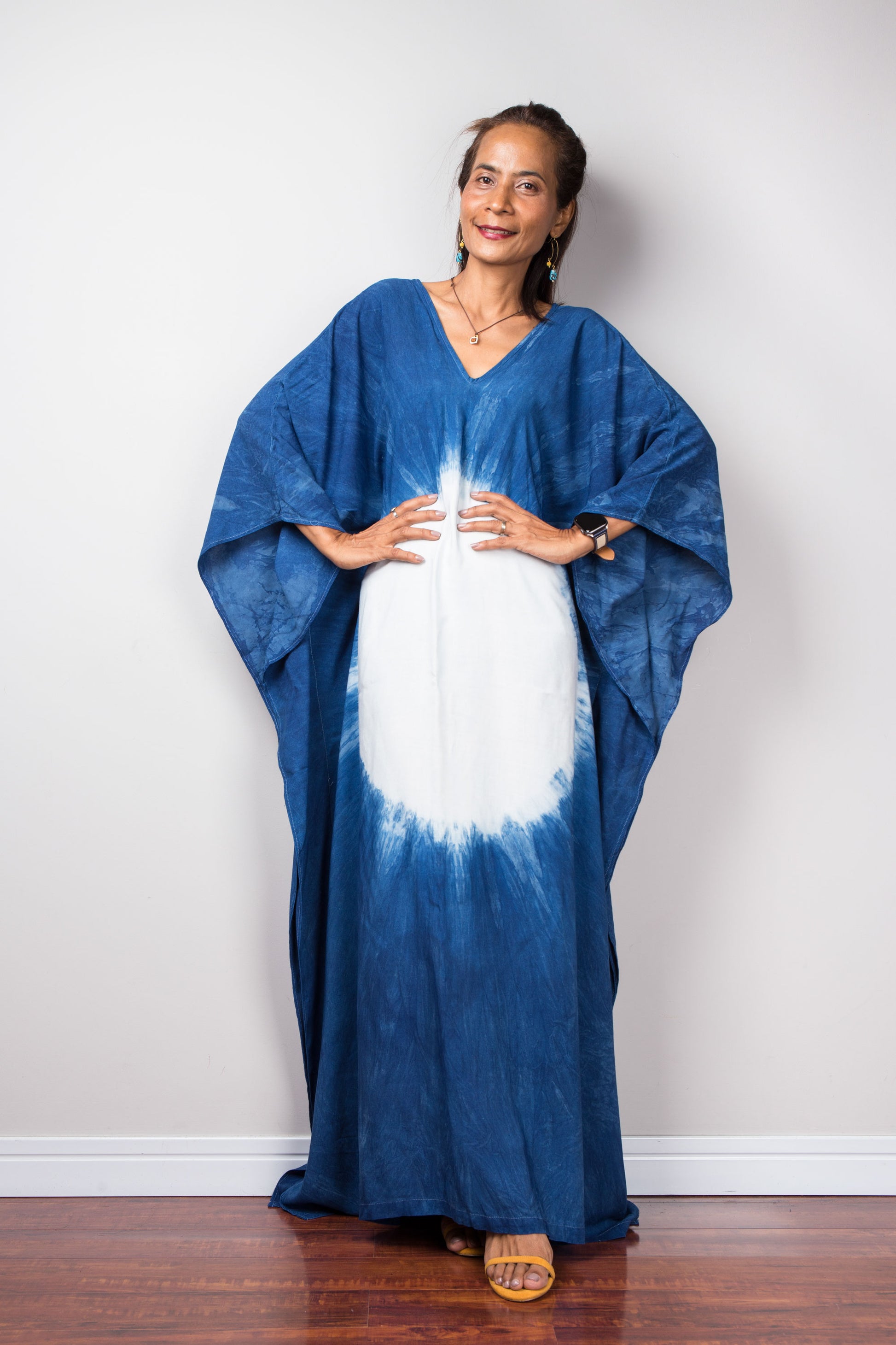 Large indigo blue kaftan dress for women.  Loose fit dress with v neck