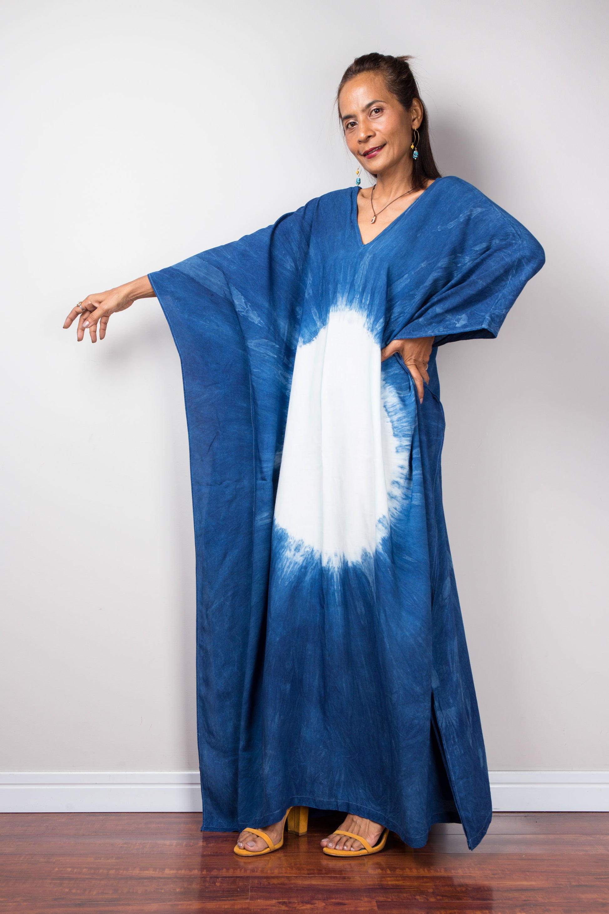 Indigo kaftan for women.  Loose fit caftan with v neck.