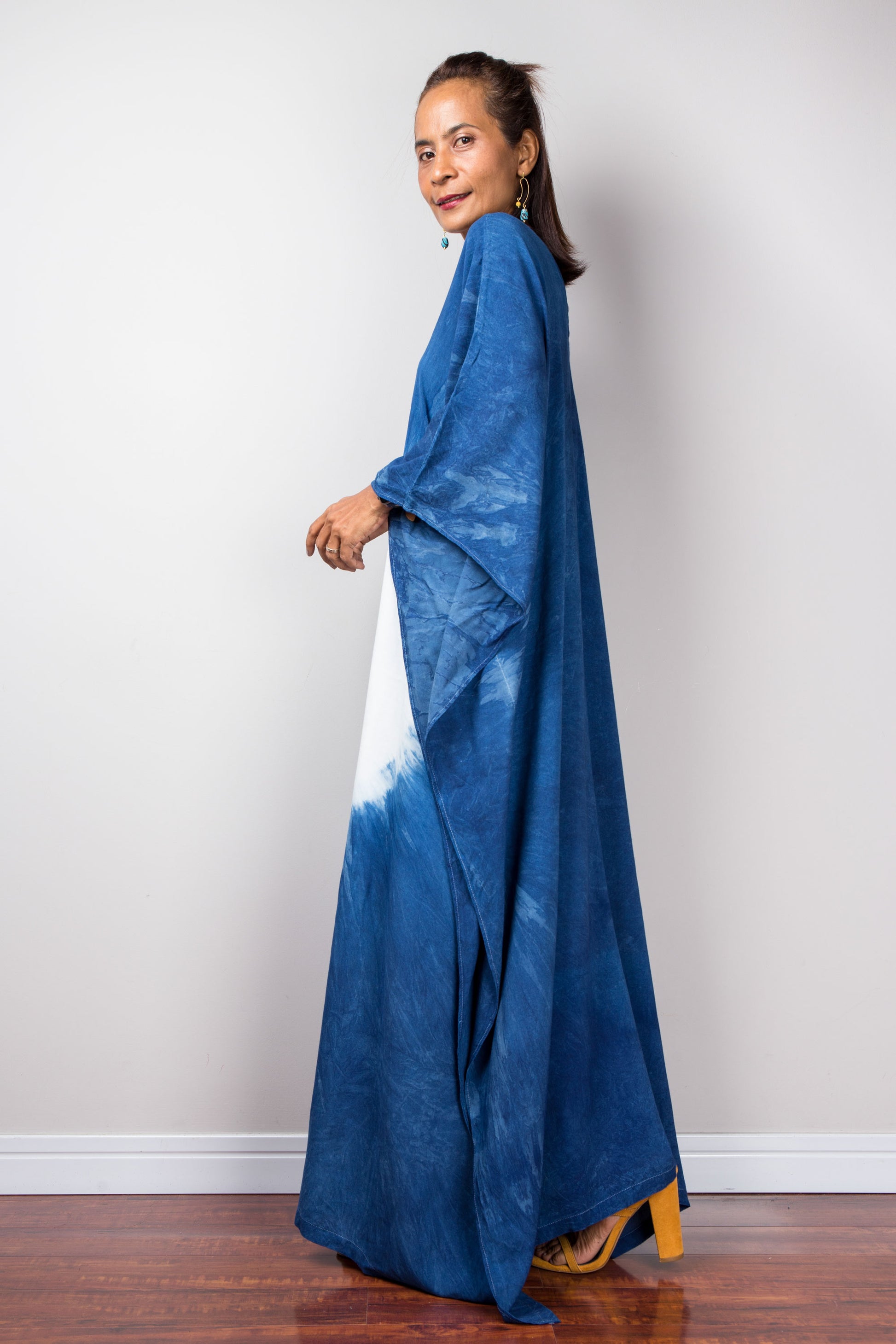 Large blue kaftan dress, indigo dyed dress with big white circle on the front