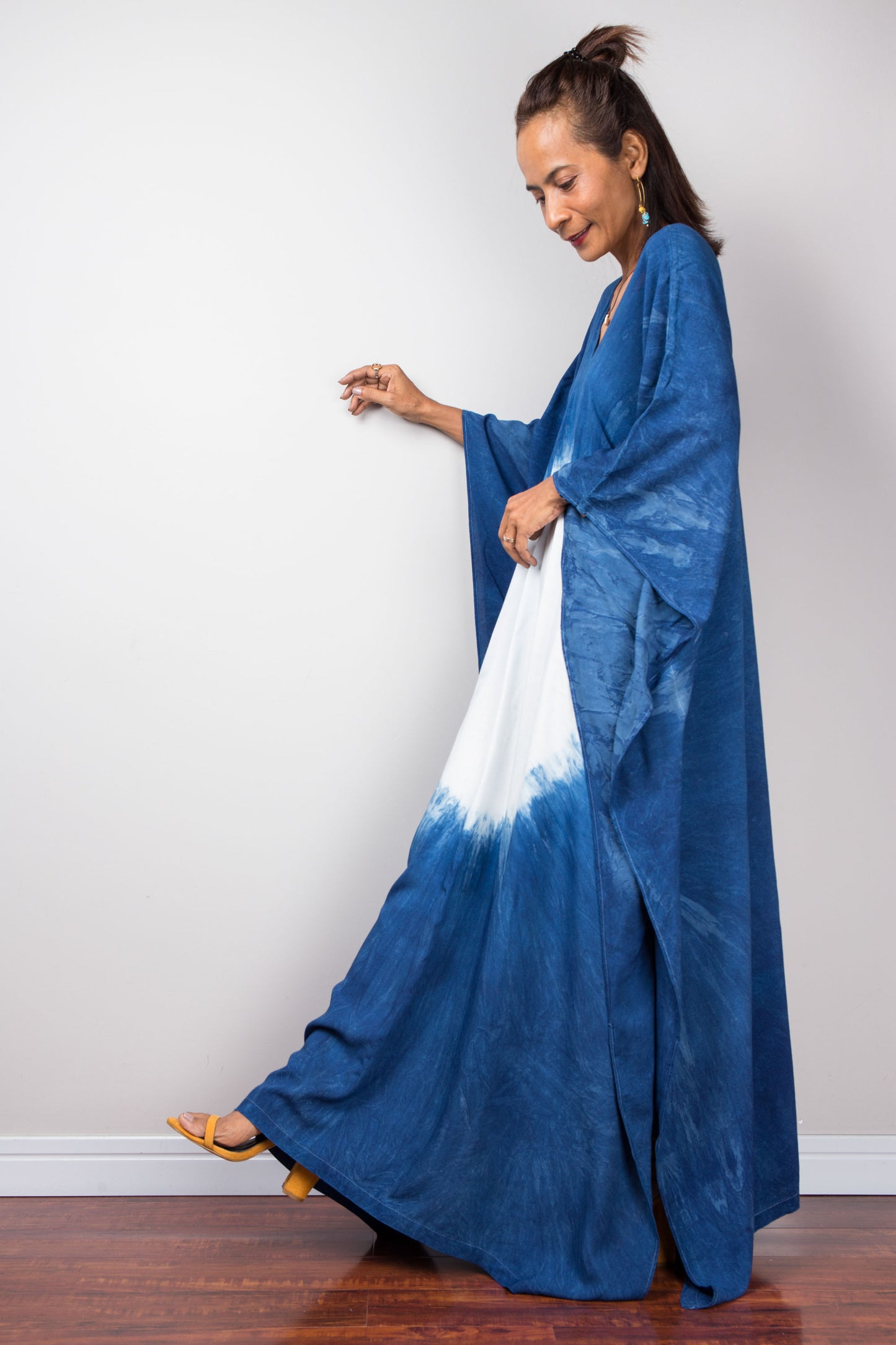 Indigo kaftan dress.  Blue and white caftan with v neck