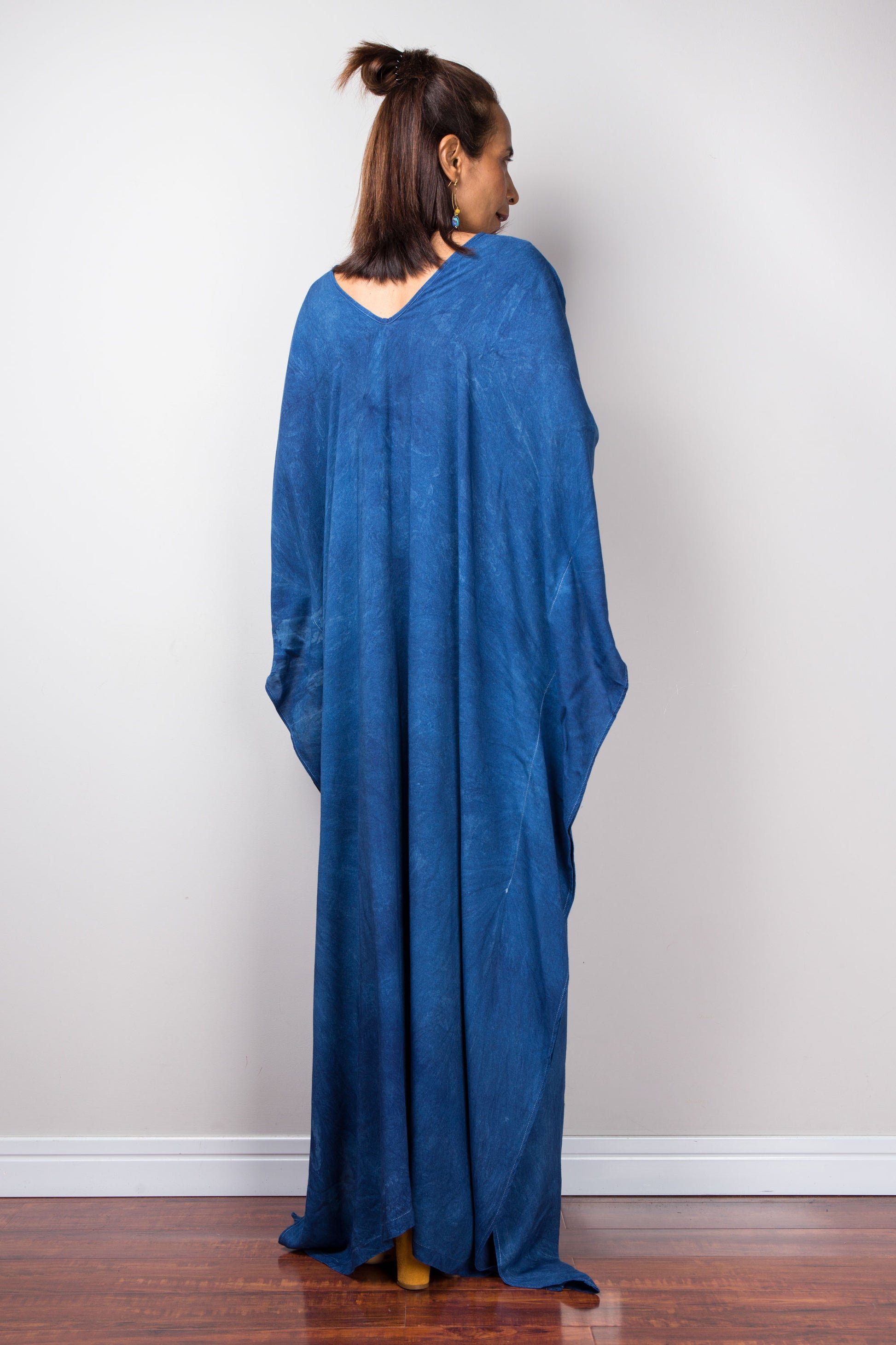 Cotton rayon kaftan dress in indigo blue with big white circle at the front