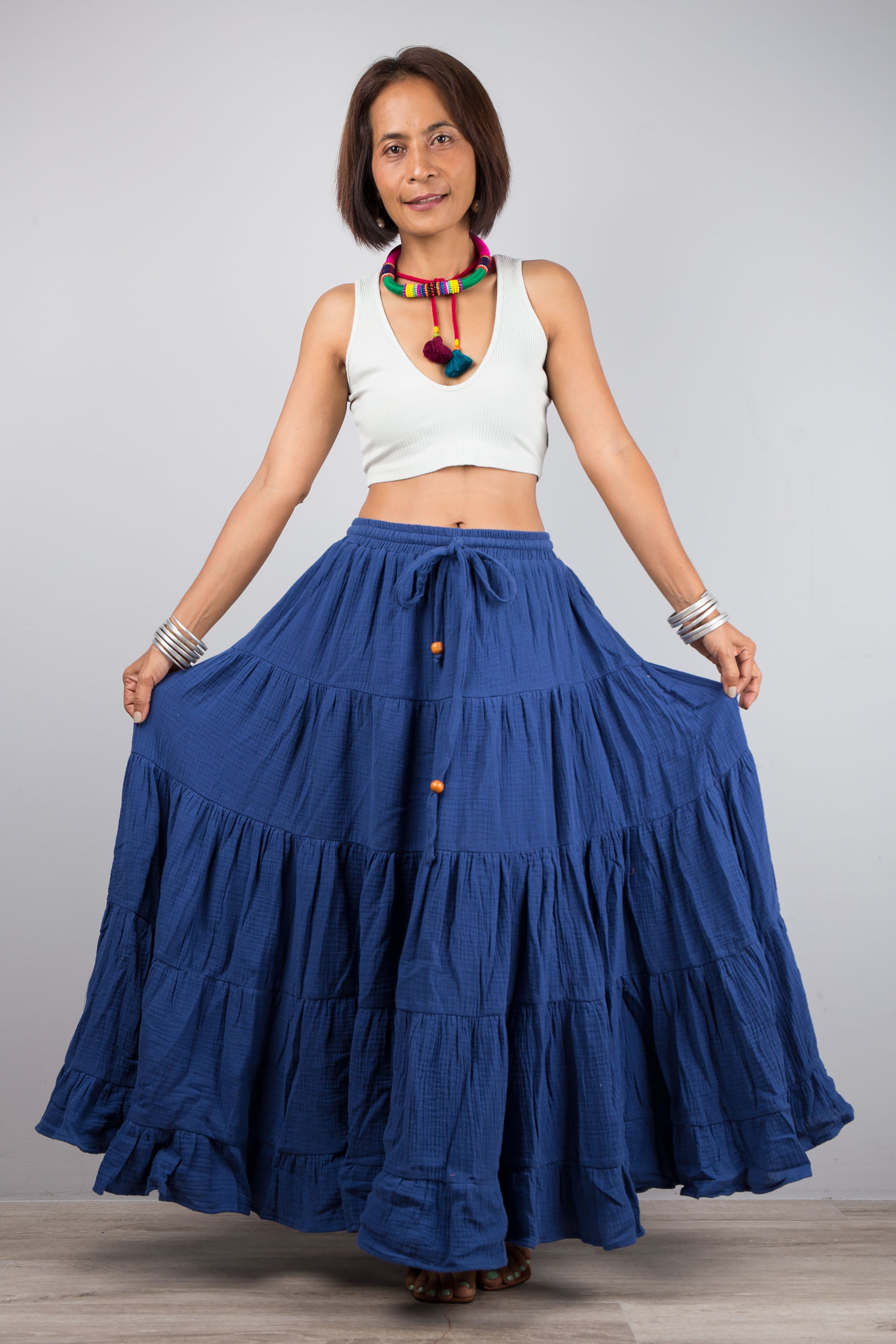 Blue cotton maxi skirt.  High waist tiered skirt by Nuichan