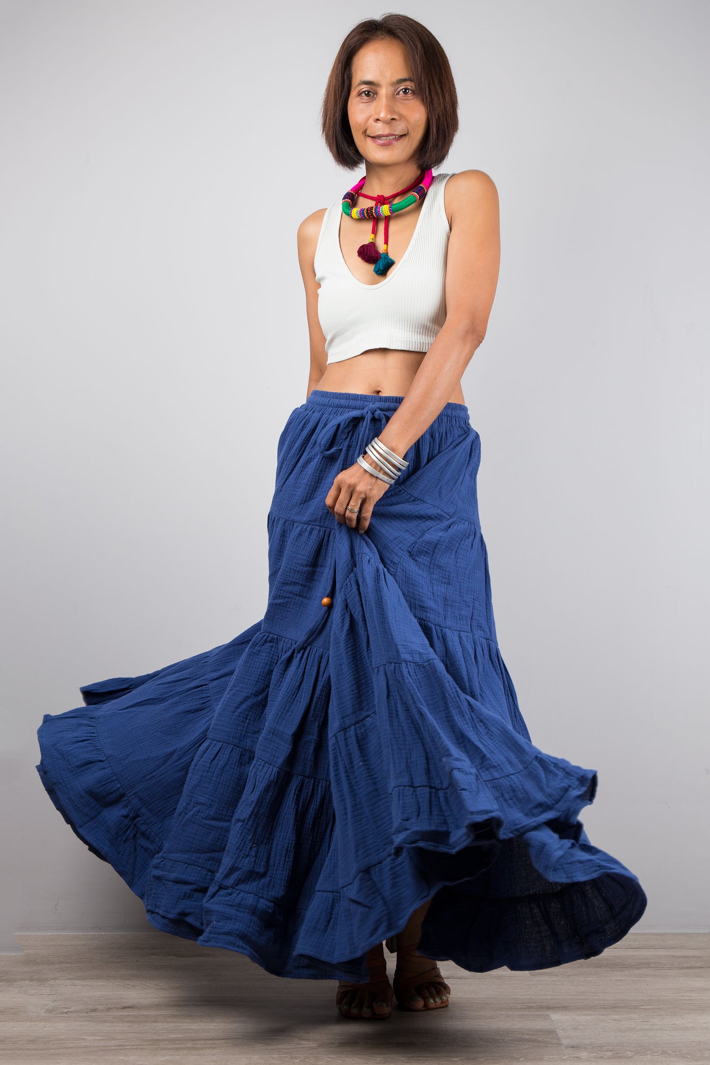 Blue maxi skirt with pocket - long skirt with elastic waist